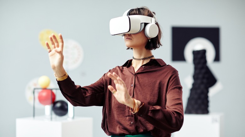 VR headset woman in gallery