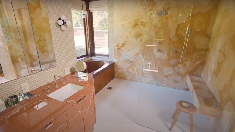 bathroom marble countertop and shower