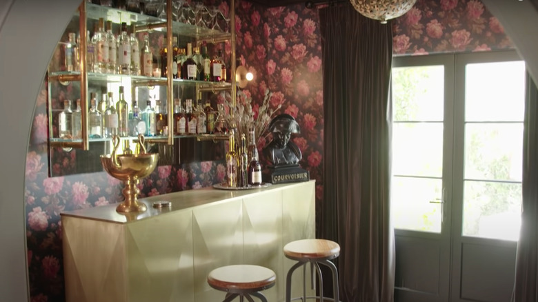 Bar with floral wallpaper