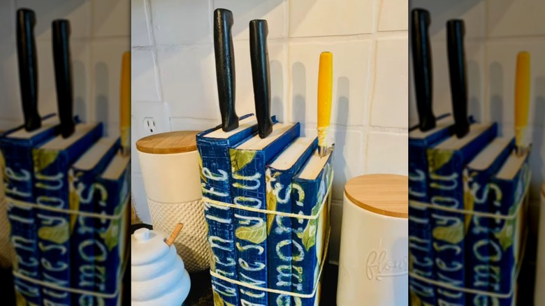 Stack of books used as a knife block