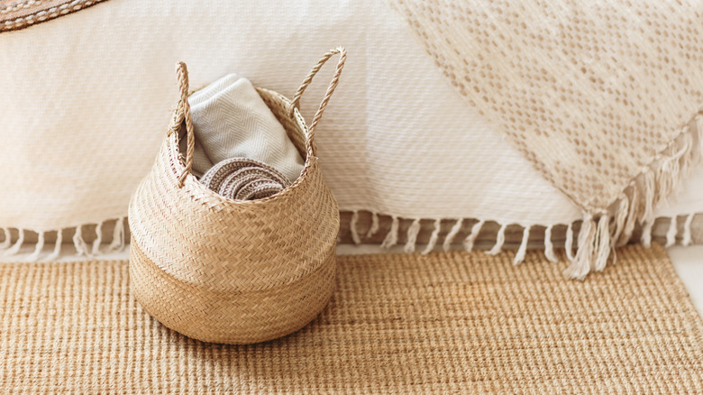 Wicker basket on jute rug, holding linens