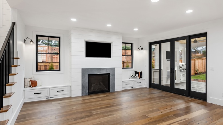 storage benches around a fireplace