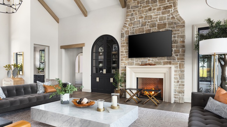 brick fireplace in living room