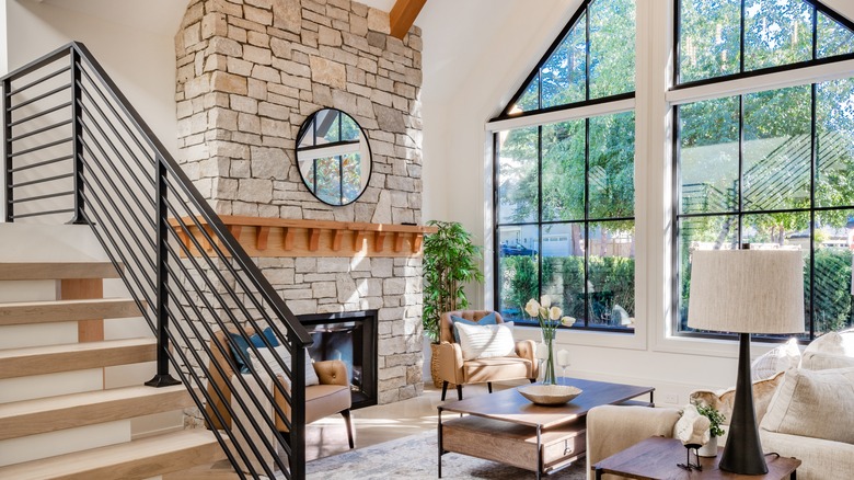 brick fireplace in living room