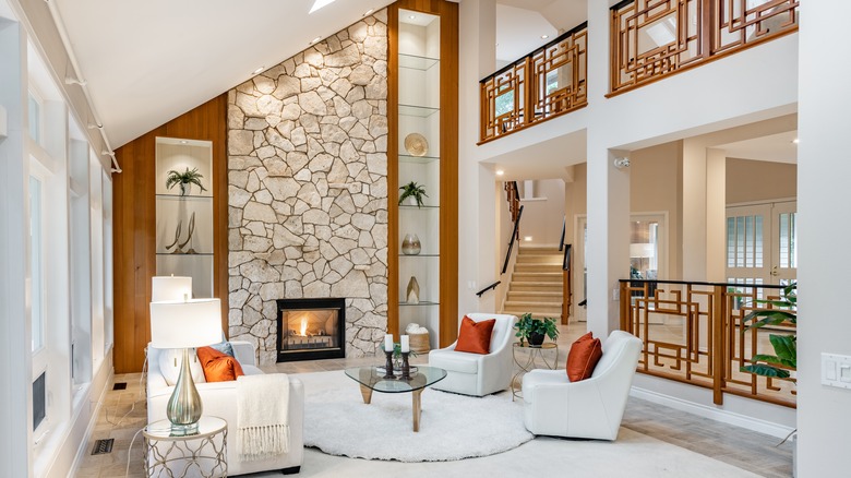 stone fireplace in living room