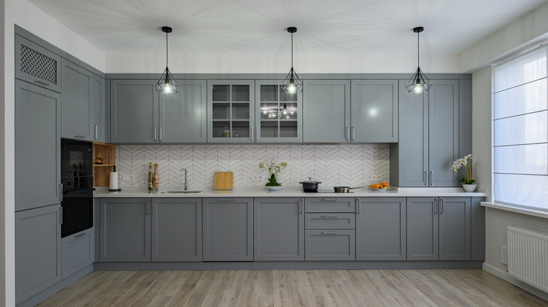 kitchen with gray cabinets