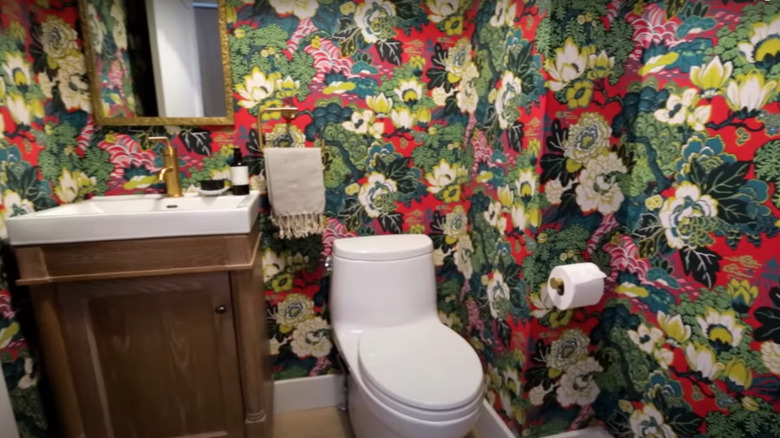 powder room with floral wallpaper