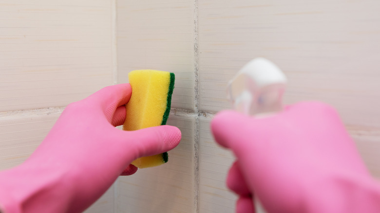 Gloved hands cleaning grout 