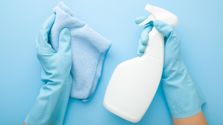 Cleaning spray and blue gloves