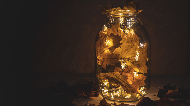 Mason jar with dried leaves and lights