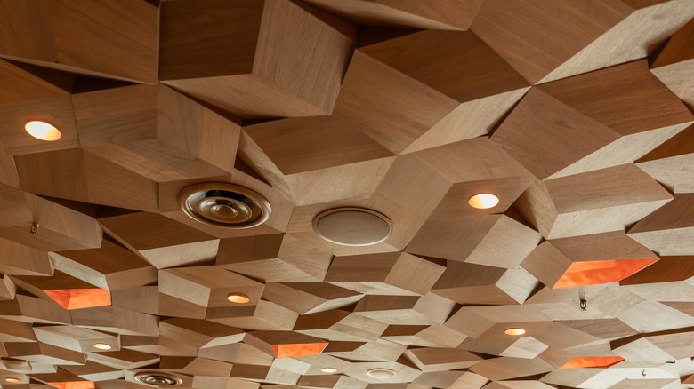 Wooden drop ceiling tiles with lighting fixtures