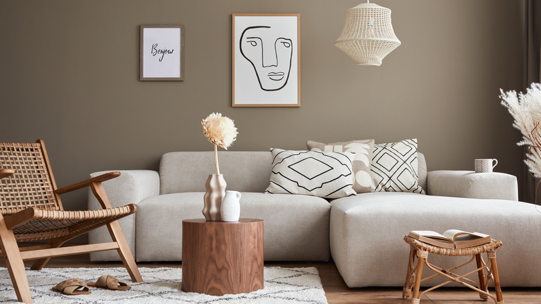 rattan chair and stool in living area 