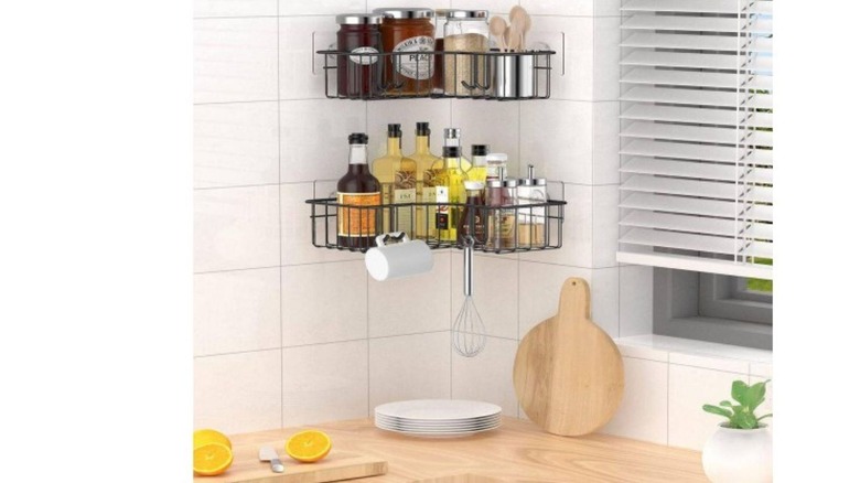 Corner shower caddy in kitchen