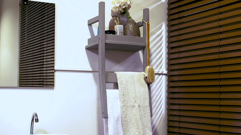 gray wooden chair shelf bathroom 