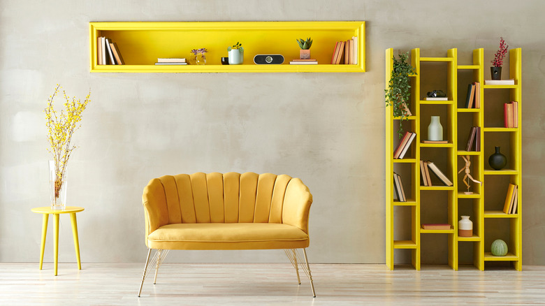 yellow room with yellow bookshelf