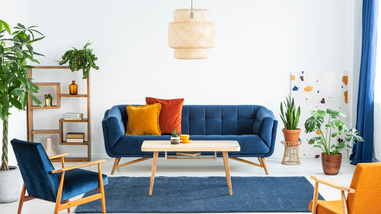 living room blue couch and chair