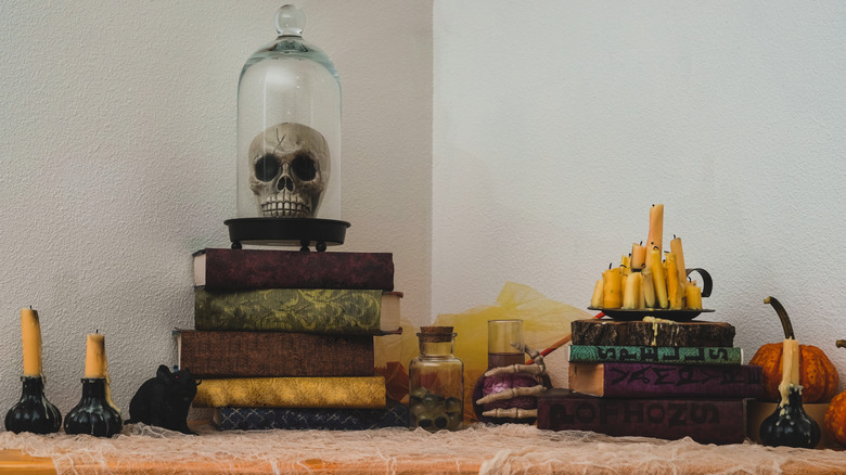 spooky mantel decor with skull