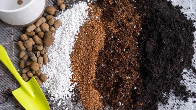 pebbles, perlite, vermiculite, peat, soil