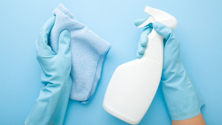 Gloved hands with cleaning supplies