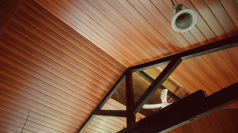 planked wood ceiling in home