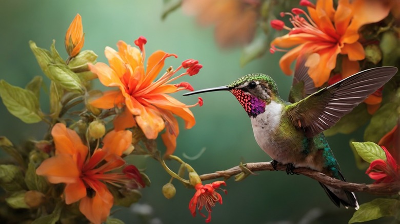 Hummingbird next to a flower