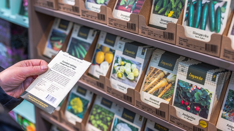 A Swedish store aisle with shelves of seed packets