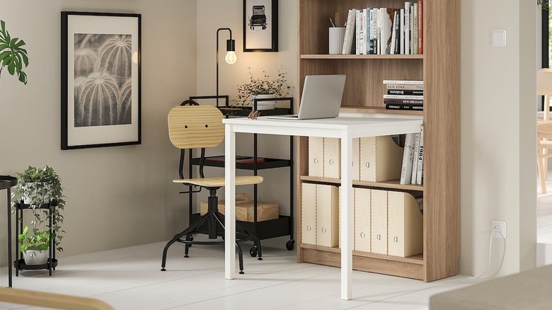 IKEA BILLY bookcase and desk set up in a home office.