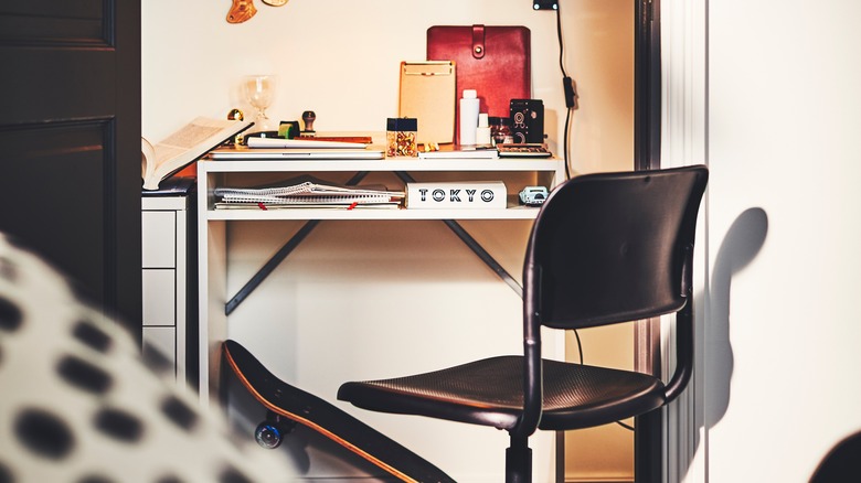 small white desk with shelf