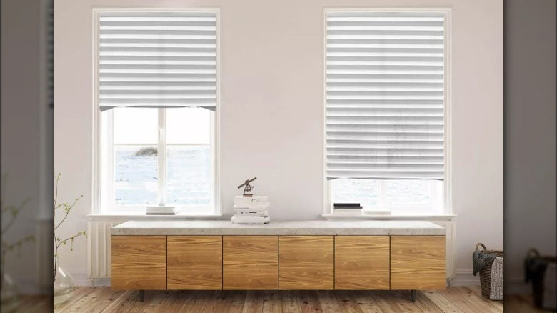 Windows with white blinds