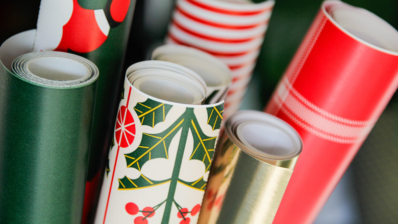 Rolls of holiday wrapping paper.