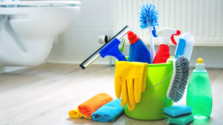 Bucket of cleaning supplies