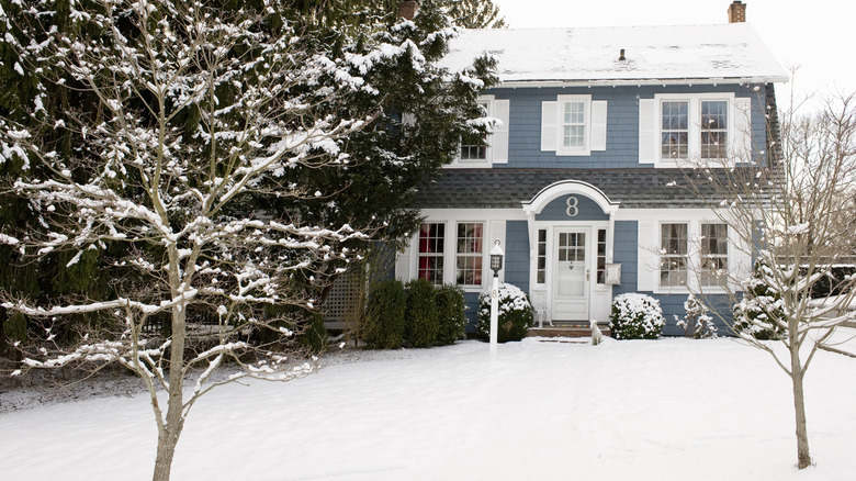 A house's front yard covered in in winter snow