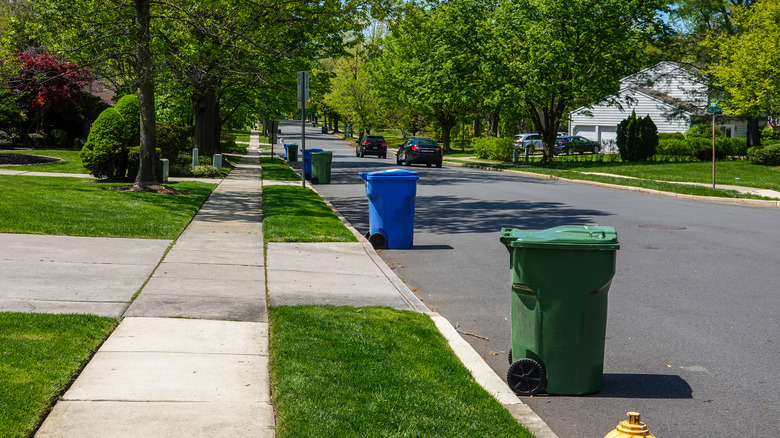 residential street with trash bins