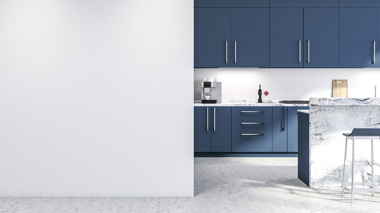 blue and white kitchen concrete floor