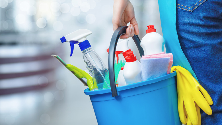 cleaning bucket filled with products