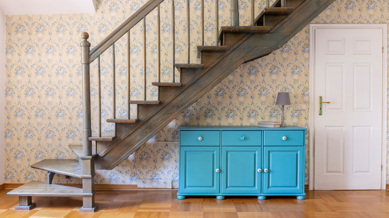 wood stairs with wallpaper