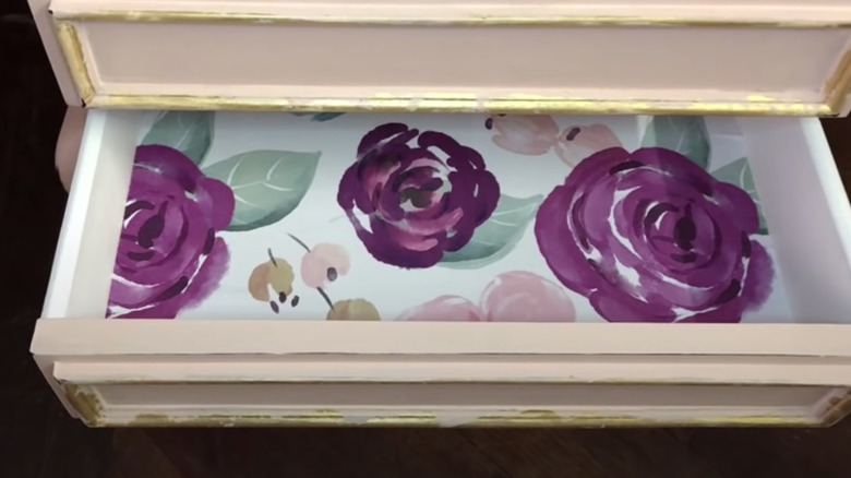 drawer lined with floral wallpaper