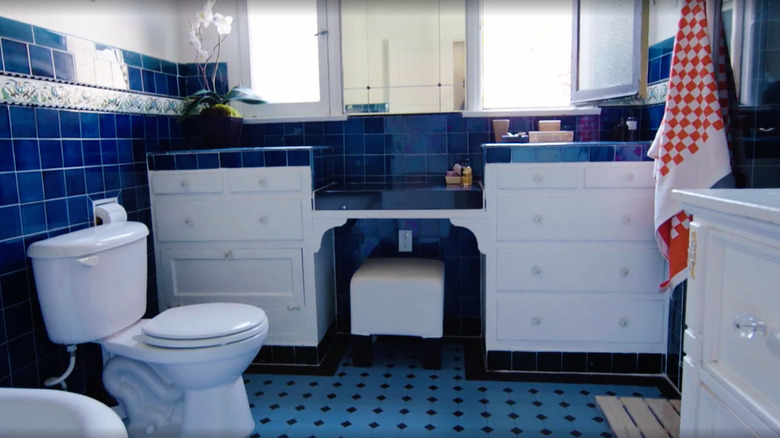 Blue bathroom with vintage tile