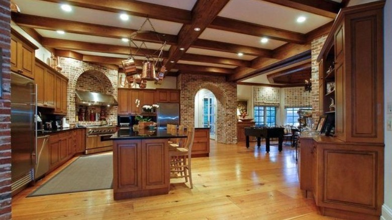 large kitchen with wood accents