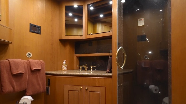 bathroom with wood and lights