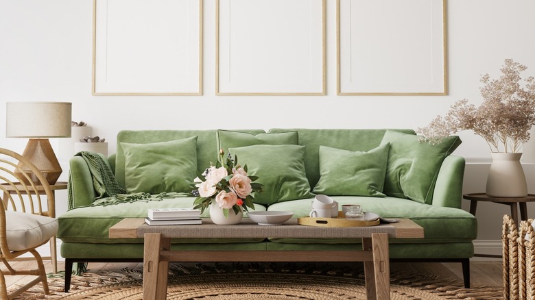 Green sofa in living room