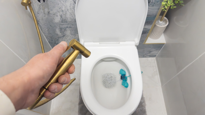 A person is holding a gold handheld bidet