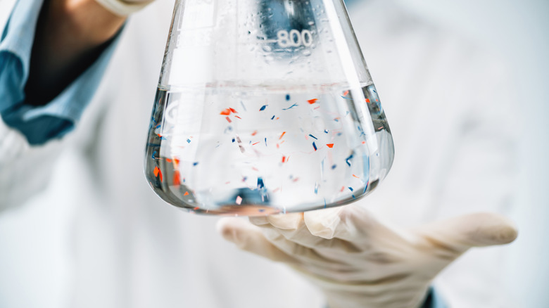 Scientist's gloved hands holding a glass beaker containing microplastics