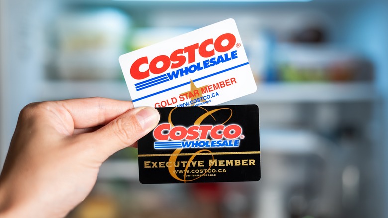 Hand holding two Costco membership cards