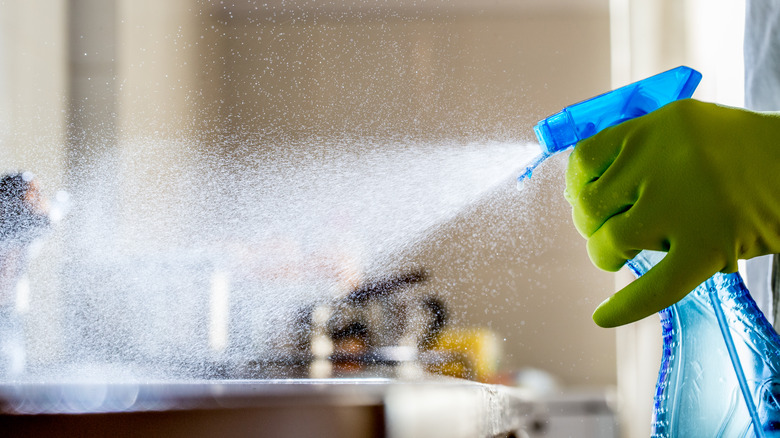 person spraying cleaner