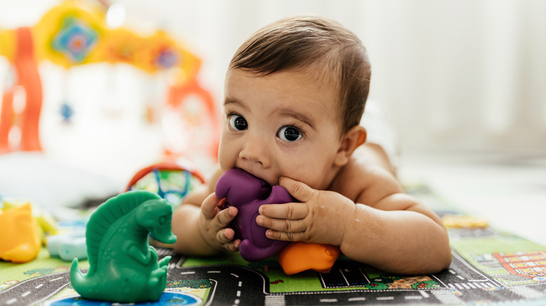 Baby placing purple toy in their mouth