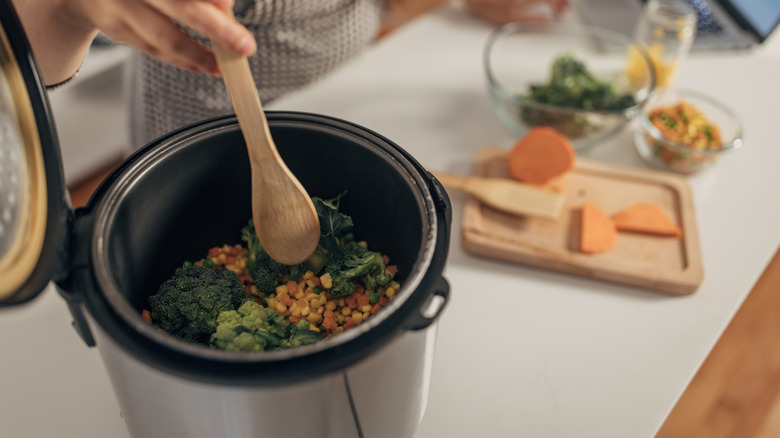 A person uses a slow cooker to prepare a meal