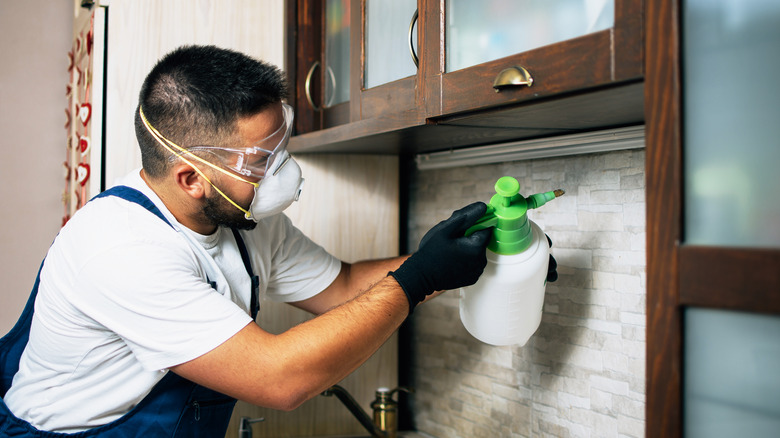 man wearing mask spraying house