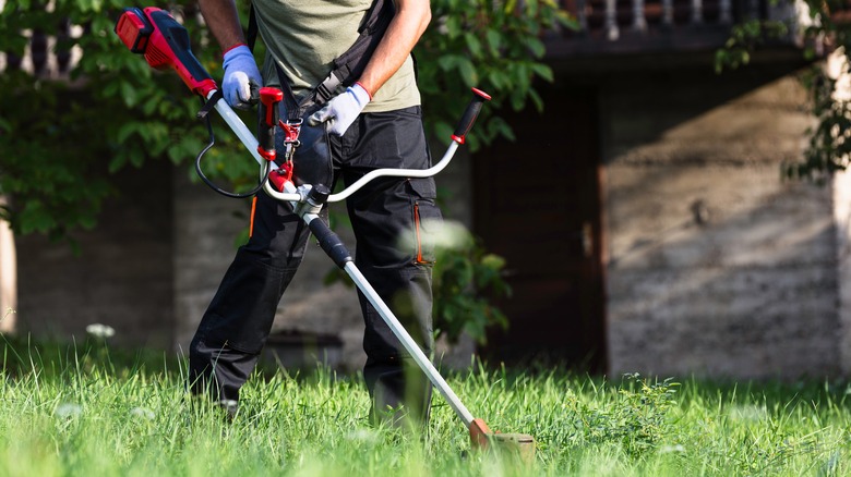 gardener using weed eater