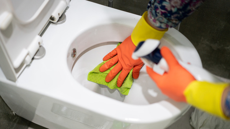 Spraying down toilet with hypochlorous acid